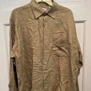 Bachrach Long Sleeve Button Down Shirt Tan Linen Chest Pocket Window Pane LARGE